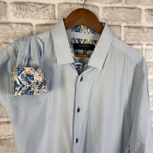 COOGI Luxe Mens 2XL Light Blue Button Down Shirt Floral Trim Cotton Stretch